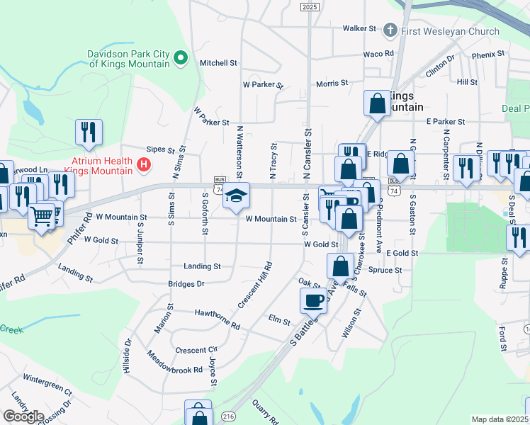 map of restaurants, bars, coffee shops, grocery stores, and more near 402 West Mountain Street in Kings Mountain