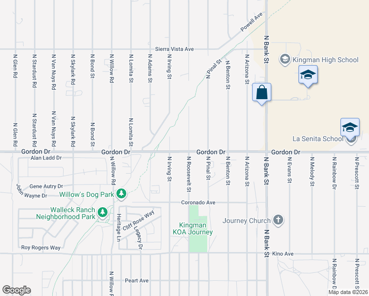 map of restaurants, bars, coffee shops, grocery stores, and more near 4005 North Roosevelt Street in Kingman