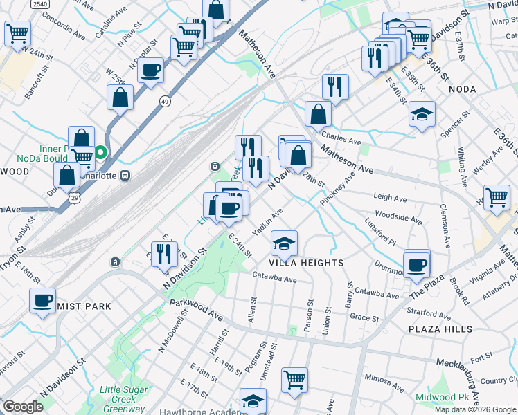 map of restaurants, bars, coffee shops, grocery stores, and more near 2221 Yadkin Avenue in Charlotte
