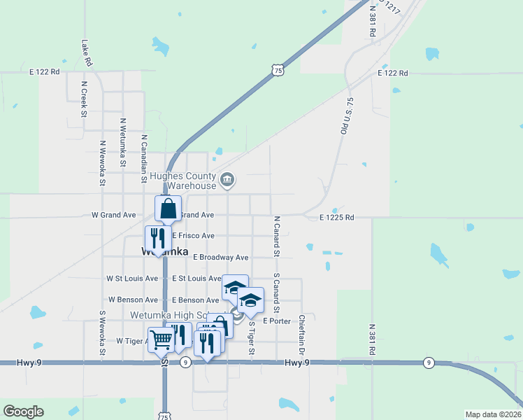 map of restaurants, bars, coffee shops, grocery stores, and more near 515 East Grand Avenue in Wetumka