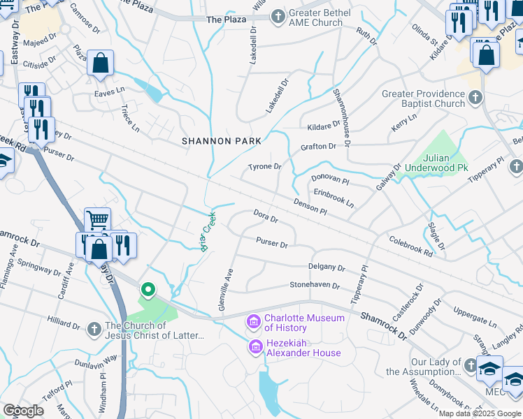 map of restaurants, bars, coffee shops, grocery stores, and more near 2521 Dora Drive in Charlotte