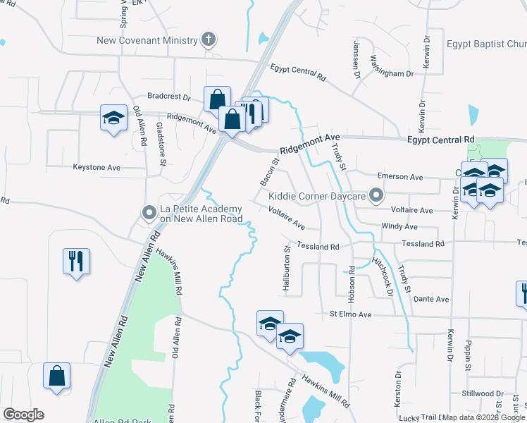 map of restaurants, bars, coffee shops, grocery stores, and more near 3581 Voltaire Avenue in Memphis