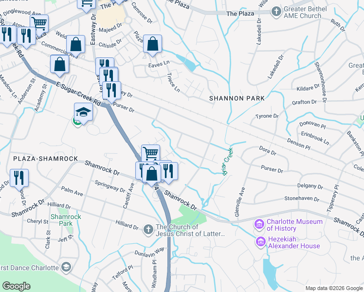 map of restaurants, bars, coffee shops, grocery stores, and more near 2105 Jennie Linn Drive in Charlotte