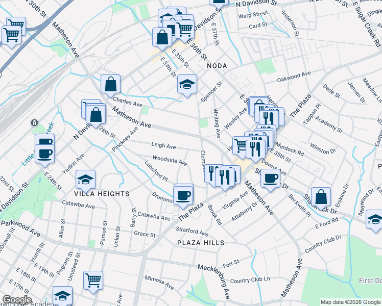 map of restaurants, bars, coffee shops, grocery stores, and more near 1216 Leigh Avenue in Charlotte
