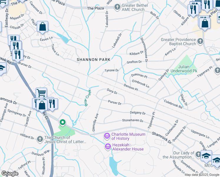 map of restaurants, bars, coffee shops, grocery stores, and more near 2521 Dora Drive in Charlotte