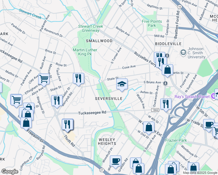 map of restaurants, bars, coffee shops, grocery stores, and more near 526 South Bruns Avenue in Charlotte