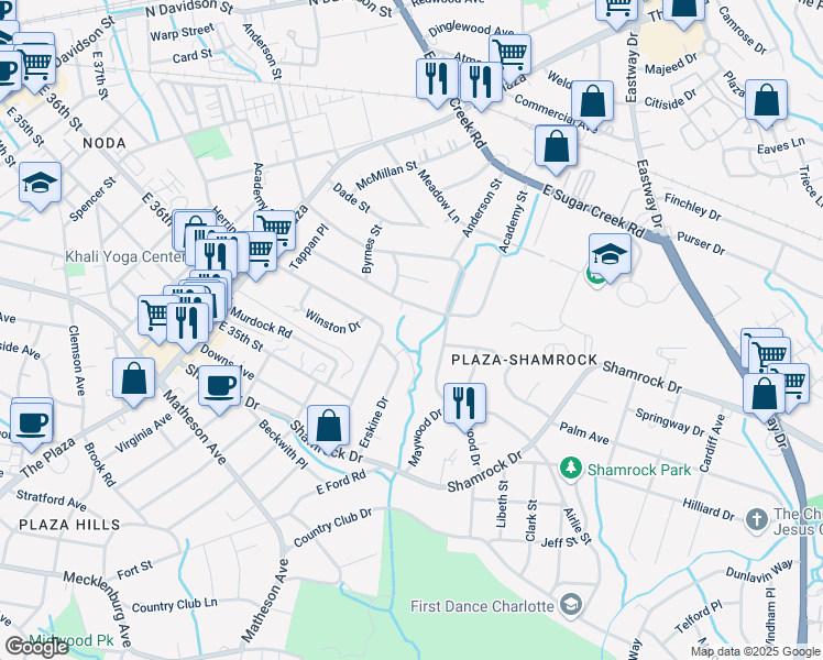 map of restaurants, bars, coffee shops, grocery stores, and more near 2000 Patio Court in Charlotte