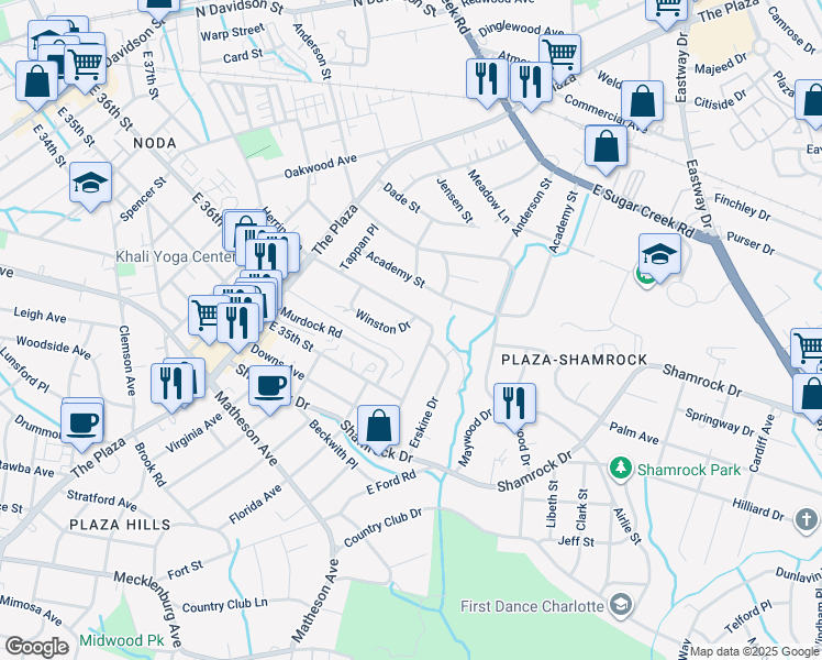 map of restaurants, bars, coffee shops, grocery stores, and more near 1536 Winston Drive in Charlotte