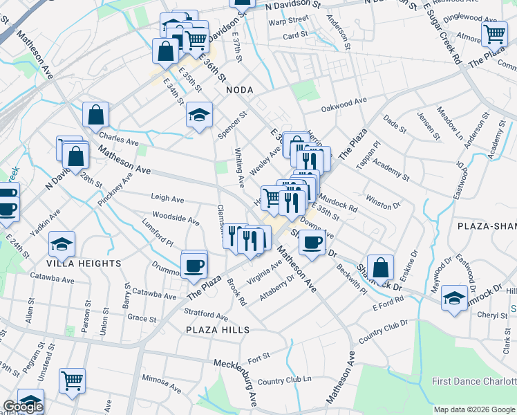map of restaurants, bars, coffee shops, grocery stores, and more near 3008 Holt Street in Charlotte