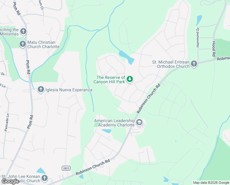 map of restaurants, bars, coffee shops, grocery stores, and more near 6106 Purbeck Way in Charlotte