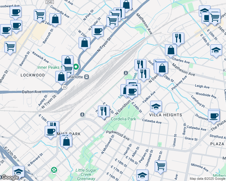 map of restaurants, bars, coffee shops, grocery stores, and more near 2010 North Brevard Street in Charlotte