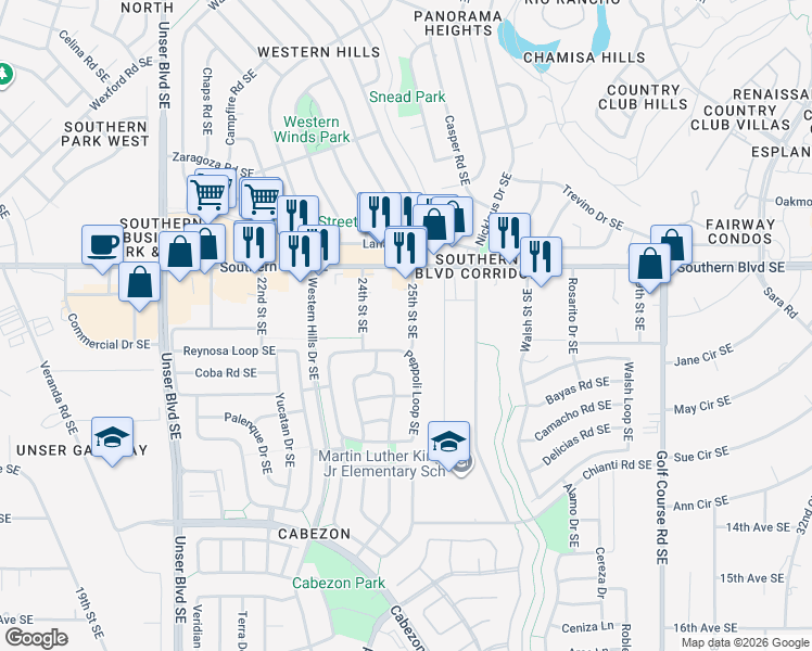 map of restaurants, bars, coffee shops, grocery stores, and more near 1015 25th Street Southeast in Rio Rancho
