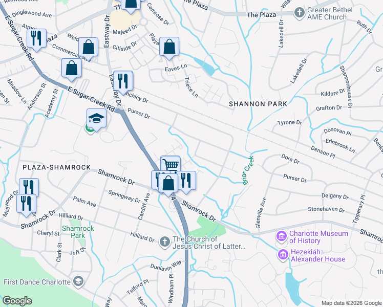 map of restaurants, bars, coffee shops, grocery stores, and more near 2105 Jennie Linn Drive in Charlotte