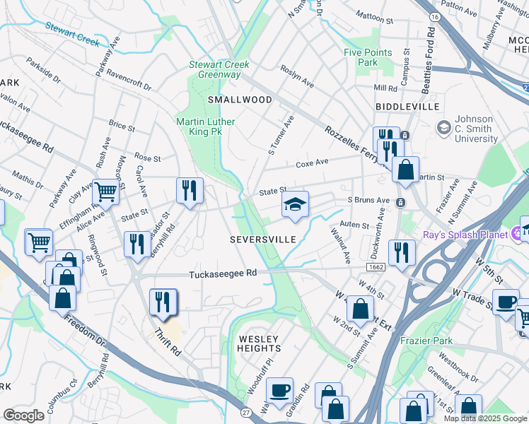 map of restaurants, bars, coffee shops, grocery stores, and more near 526 South Bruns Avenue in Charlotte