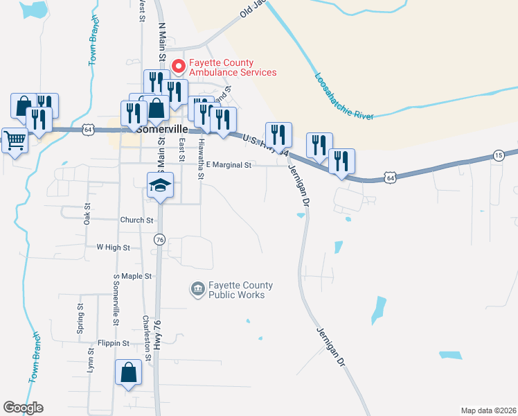 map of restaurants, bars, coffee shops, grocery stores, and more near 314 Old Jernigan Road in Somerville