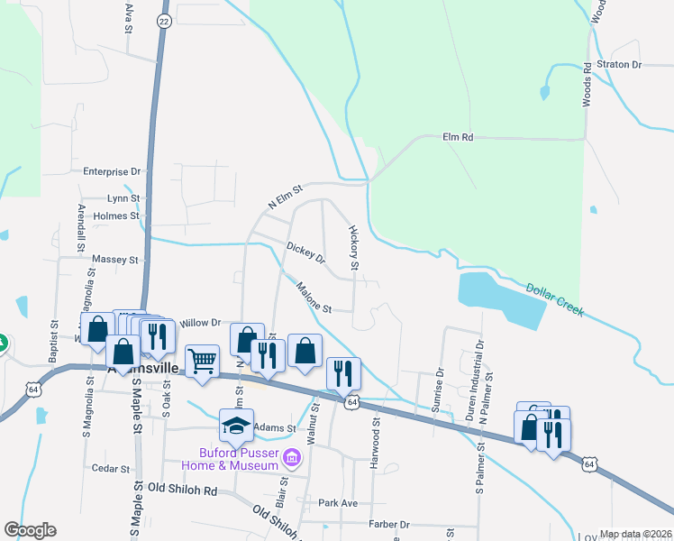 map of restaurants, bars, coffee shops, grocery stores, and more near 406 Dickey Drive in Adamsville