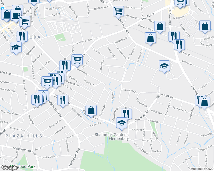 map of restaurants, bars, coffee shops, grocery stores, and more near 2000 Patio Court in Charlotte
