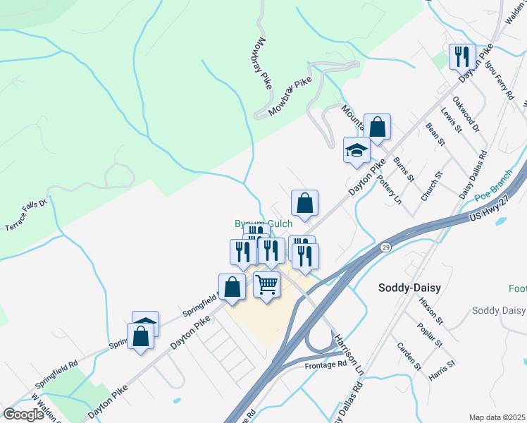 map of restaurants, bars, coffee shops, grocery stores, and more near 9449 Dayton Pike in Soddy-Daisy