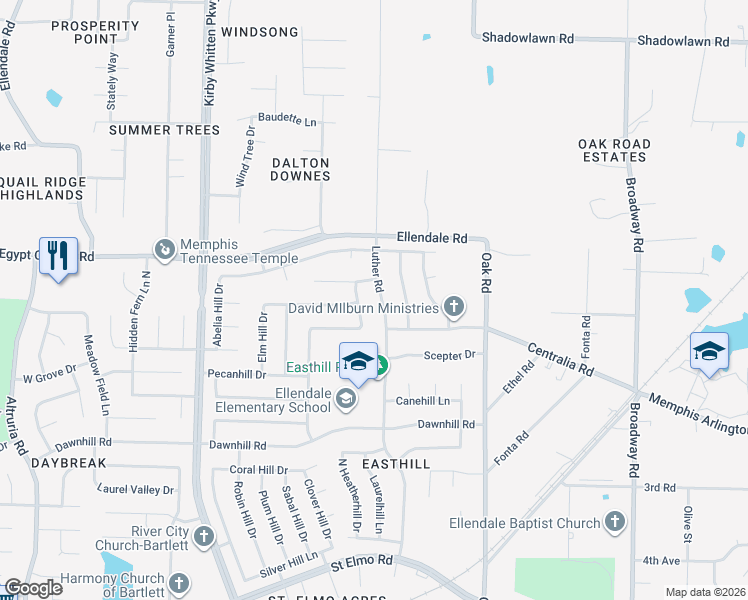 map of restaurants, bars, coffee shops, grocery stores, and more near 4160 Beechill Drive in Memphis