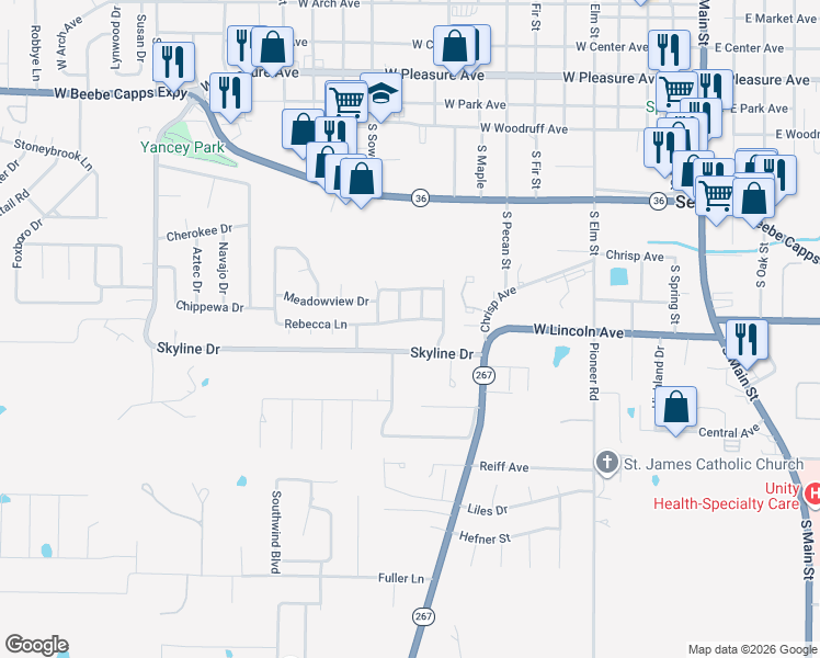 map of restaurants, bars, coffee shops, grocery stores, and more near 804 Skyline Drive in Searcy
