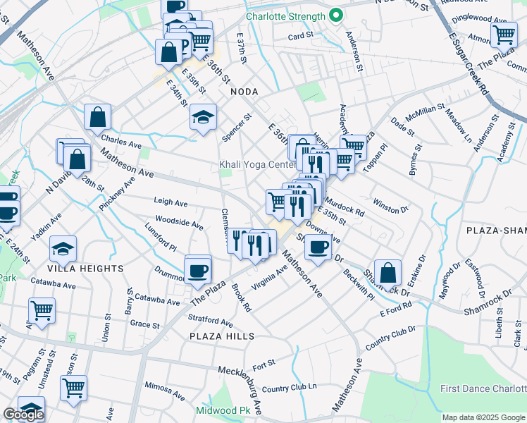map of restaurants, bars, coffee shops, grocery stores, and more near 3008 Holt Street in Charlotte