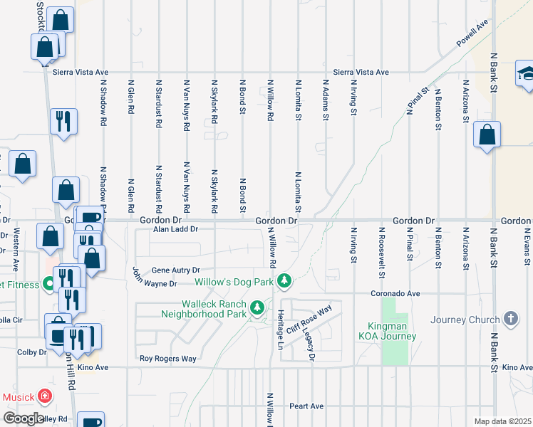 map of restaurants, bars, coffee shops, grocery stores, and more near 2289 Gordon Drive in Kingman
