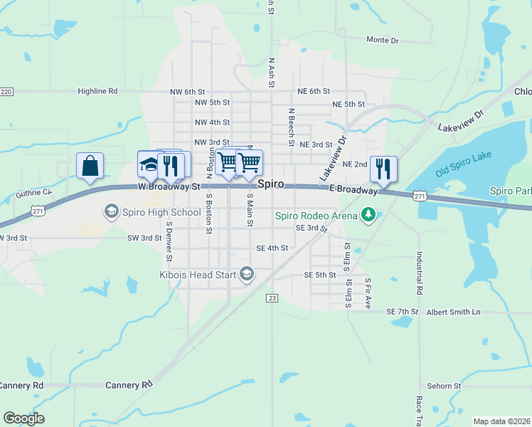 map of restaurants, bars, coffee shops, grocery stores, and more near 207 South Ash in Spiro