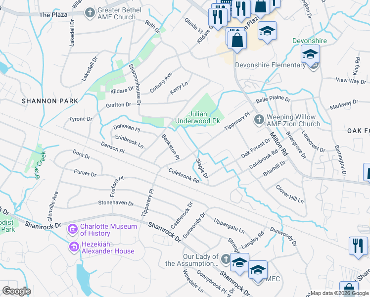 map of restaurants, bars, coffee shops, grocery stores, and more near 3714 Slagle Drive in Charlotte