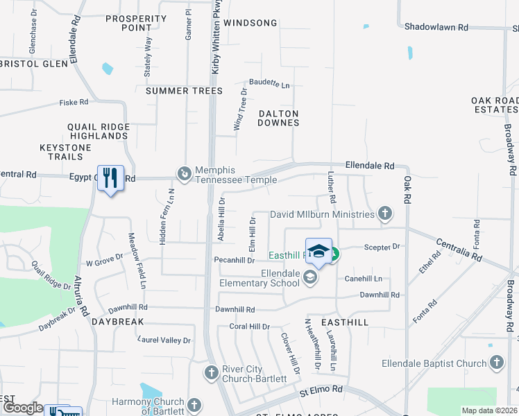 map of restaurants, bars, coffee shops, grocery stores, and more near 4158 Elm Hill Drive in Memphis
