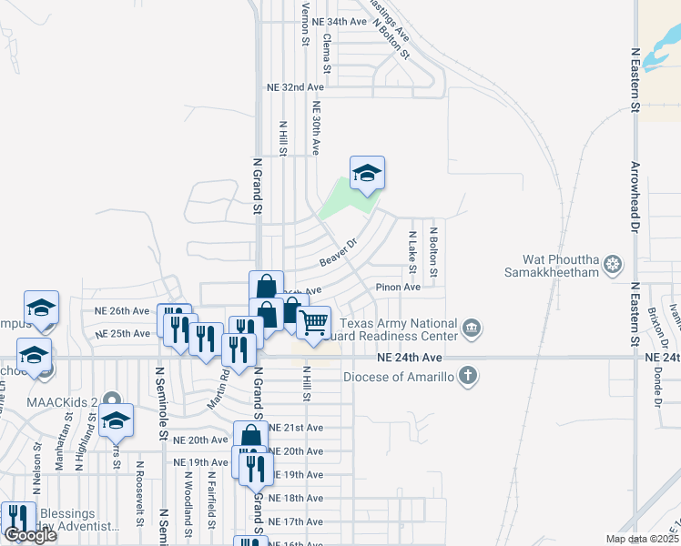map of restaurants, bars, coffee shops, grocery stores, and more near 3827 Northeast 26th Avenue in Amarillo