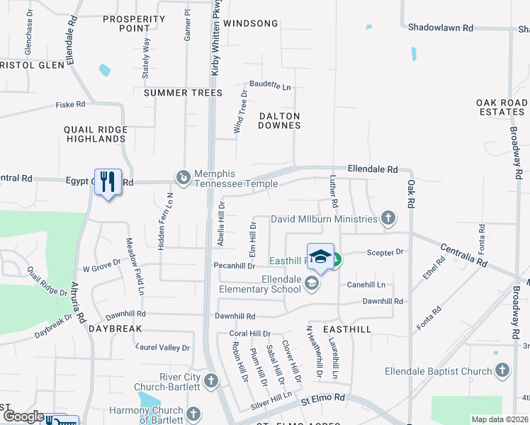 map of restaurants, bars, coffee shops, grocery stores, and more near 4158 Elm Hill Drive in Memphis
