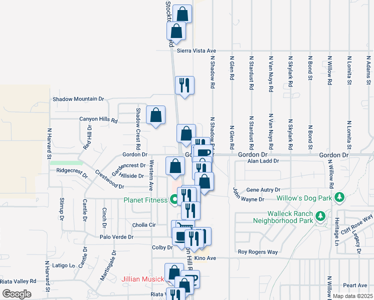 map of restaurants, bars, coffee shops, grocery stores, and more near 4008 Stockton Hill Road in Kingman