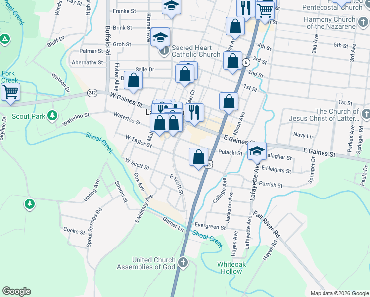 map of restaurants, bars, coffee shops, grocery stores, and more near 229 Pulaski Street in Lawrenceburg