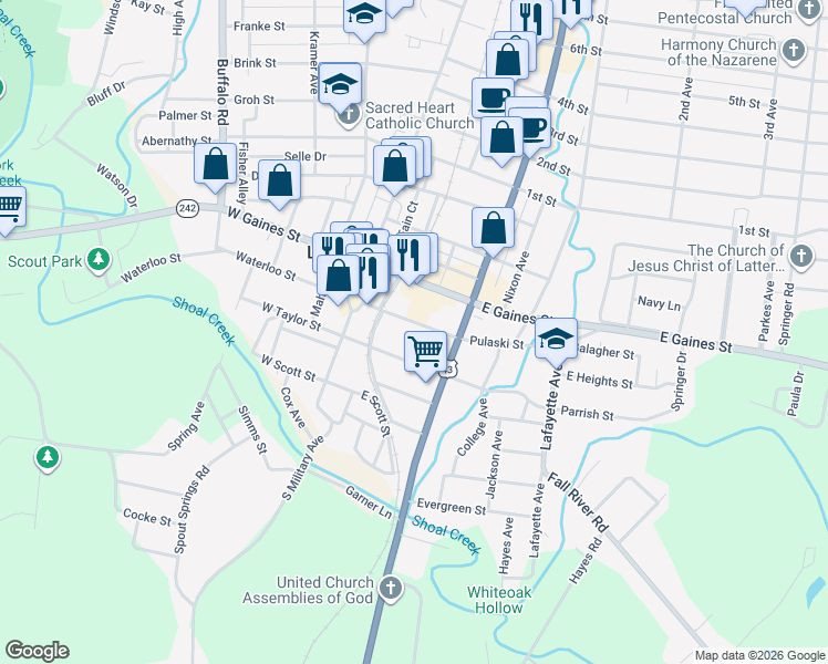 map of restaurants, bars, coffee shops, grocery stores, and more near 229 Pulaski Street in Lawrenceburg