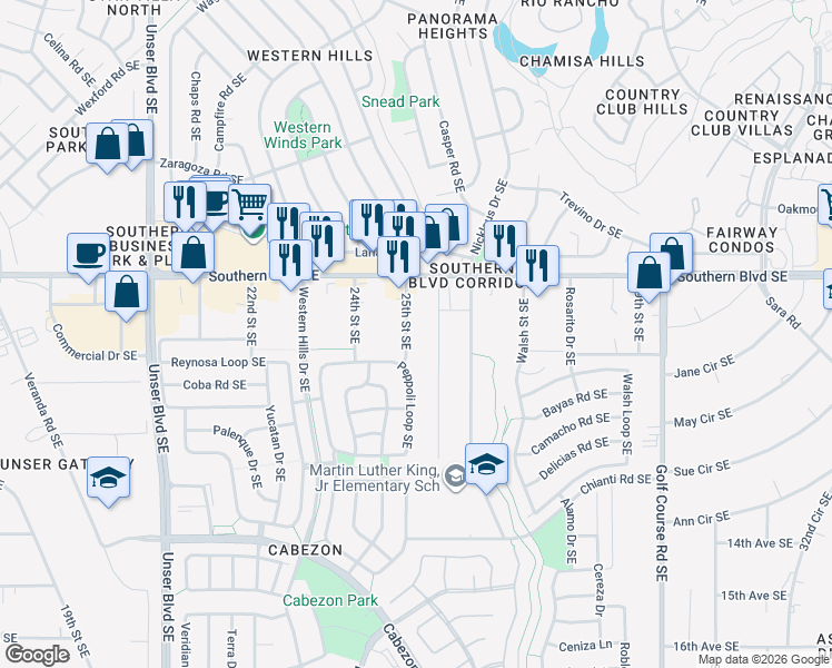 map of restaurants, bars, coffee shops, grocery stores, and more near 1009 26th Street Southeast in Rio Rancho