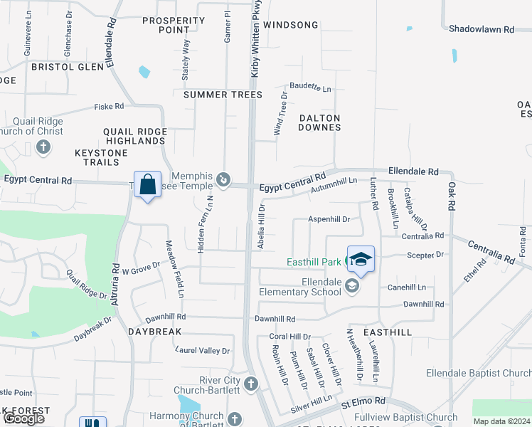 map of restaurants, bars, coffee shops, grocery stores, and more near 6792 Azalea Hill Cove in Bartlett
