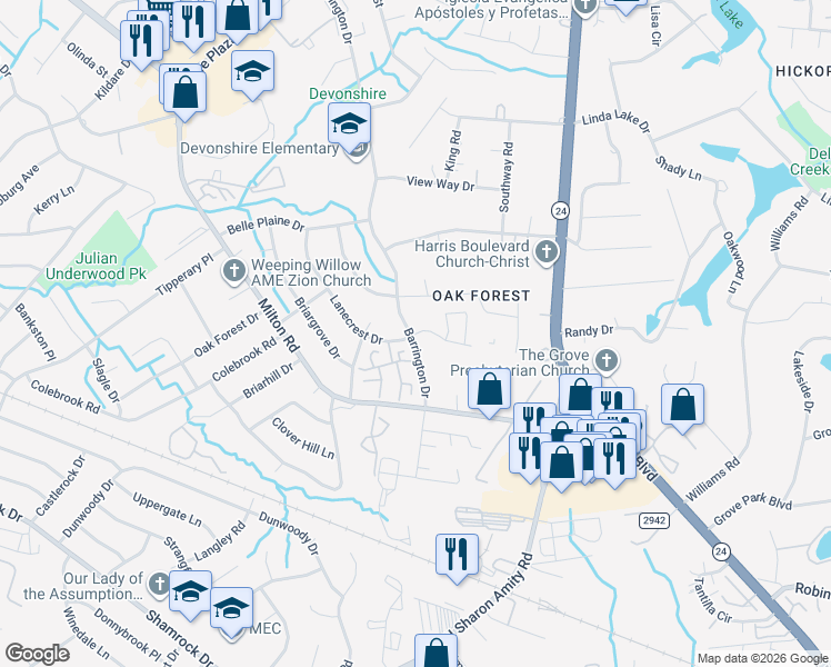 map of restaurants, bars, coffee shops, grocery stores, and more near 2600 Lanecrest Drive in Charlotte