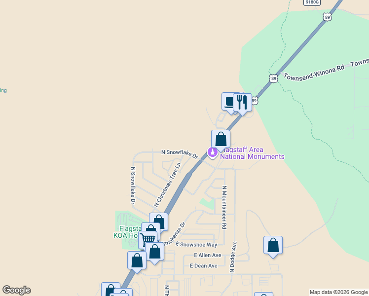 map of restaurants, bars, coffee shops, grocery stores, and more near 6717 North Snowflake Drive in Flagstaff