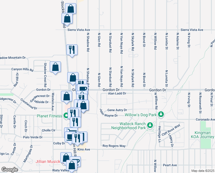 map of restaurants, bars, coffee shops, grocery stores, and more near 2289-2427 Gordon Drive in Kingman