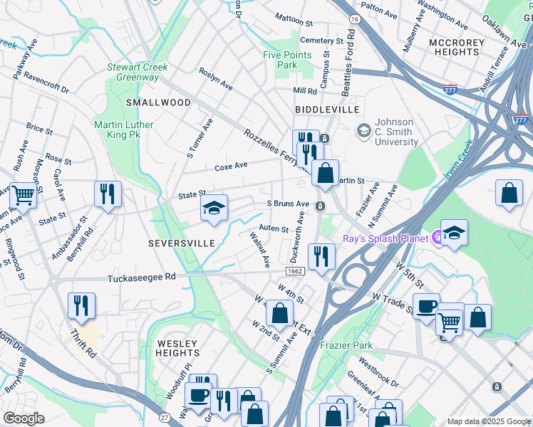 map of restaurants, bars, coffee shops, grocery stores, and more near 310 Auten Street in Charlotte