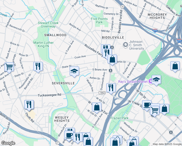 map of restaurants, bars, coffee shops, grocery stores, and more near 310 Auten Street in Charlotte