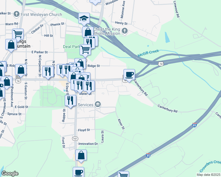 map of restaurants, bars, coffee shops, grocery stores, and more near 136 Cambridge Oaks Circle in Kings Mountain