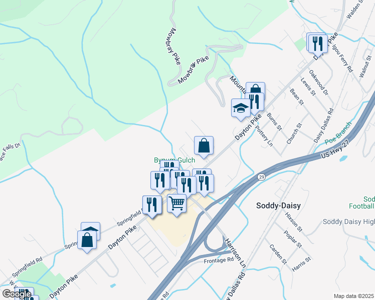 map of restaurants, bars, coffee shops, grocery stores, and more near 9383 Dayton Pike in Soddy-Daisy