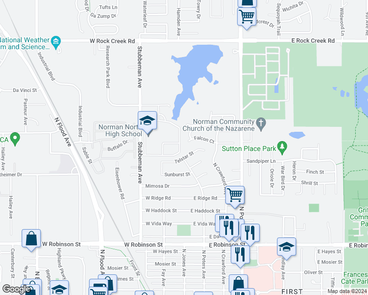 map of restaurants, bars, coffee shops, grocery stores, and more near 241 Telstar Street in Norman