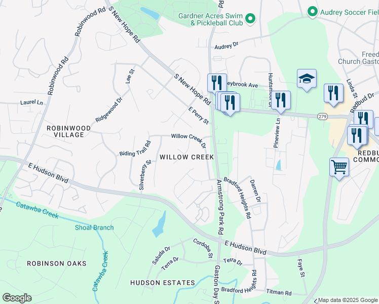 map of restaurants, bars, coffee shops, grocery stores, and more near 2432 Sweet Birch Court in Gastonia