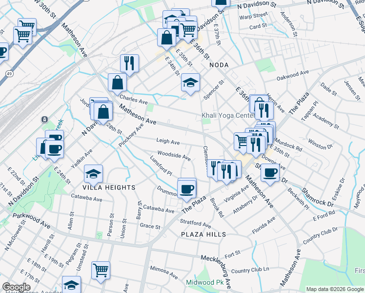 map of restaurants, bars, coffee shops, grocery stores, and more near 1120 Leigh Avenue in Charlotte