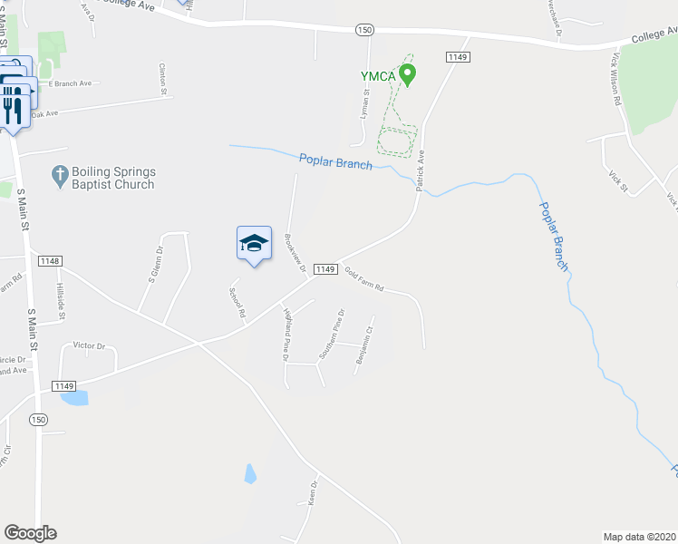 map of restaurants, bars, coffee shops, grocery stores, and more near 1538 Gold Farm Road in Shelby