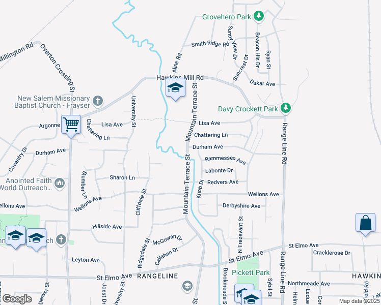 map of restaurants, bars, coffee shops, grocery stores, and more near 4174 Mountain Terrace Street in Memphis