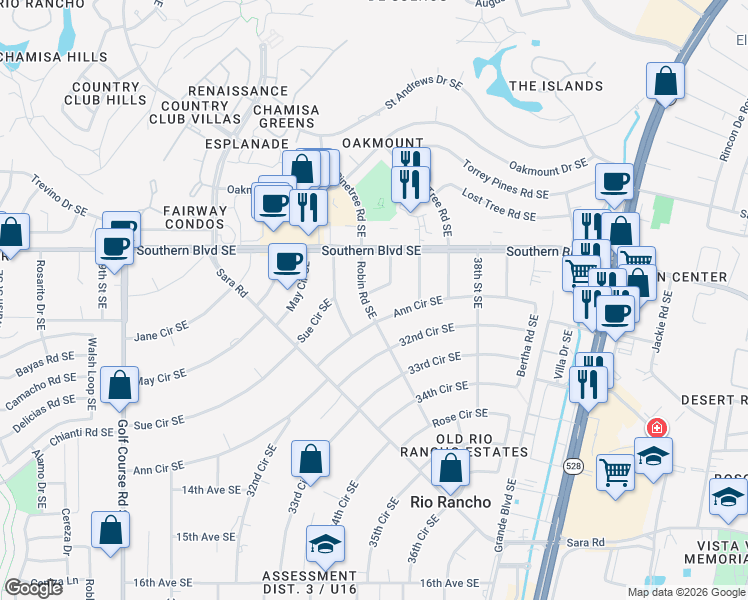 map of restaurants, bars, coffee shops, grocery stores, and more near 1100 Robin Road Southeast in Rio Rancho