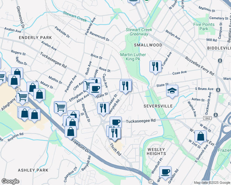 map of restaurants, bars, coffee shops, grocery stores, and more near 901 State Street in Charlotte
